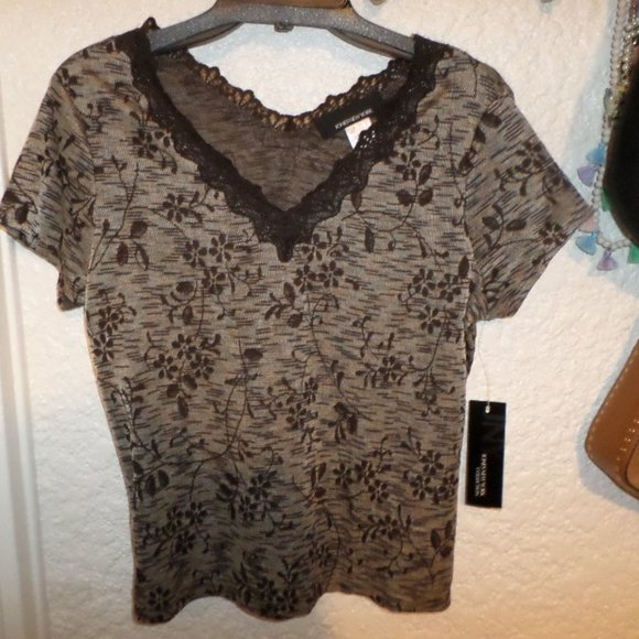 Jones New York Lace Trim V Neck Knit Top L NWT - Picture 1 of 4